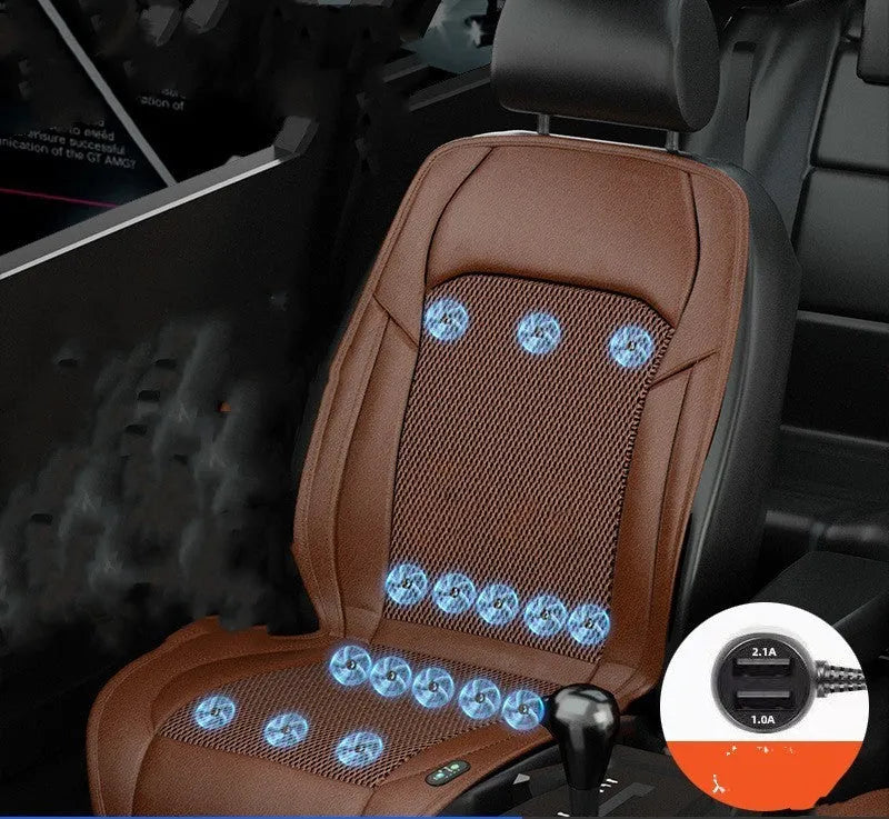 Car seat cushion with ventilation fan system showing multiple colour options and fan configurations