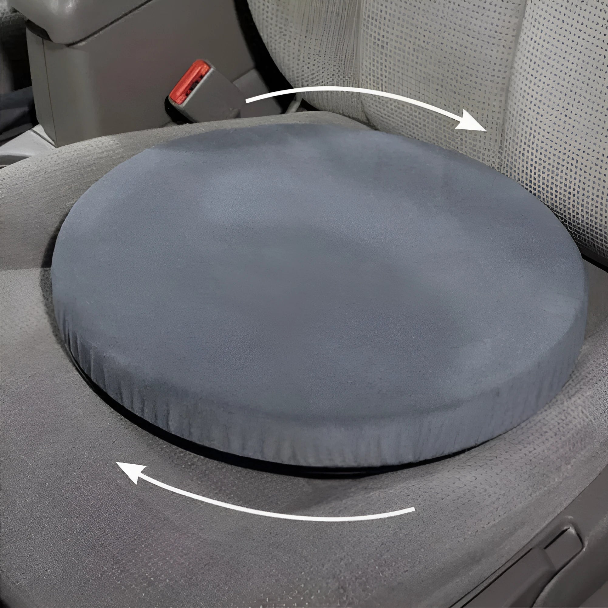 Circular grey car seat cushion showing 360-degree rotation on a car seat