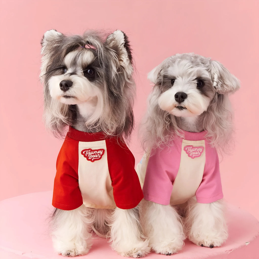 Cotton dog summer clothes in embroidered red or pink with contrast colour detailing