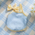 Small dog wearing a blue heart-texture vest with bow suspenders and a matching hairband.