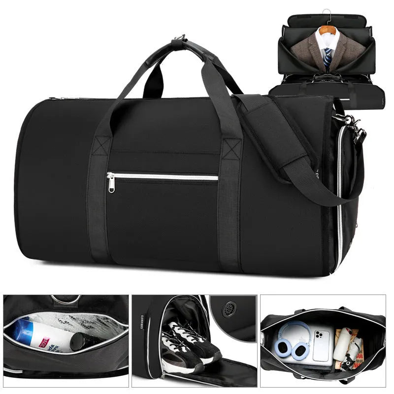 An Oxford cloth expandable sports storage bag in grey, showing compartments for dry wet separation.