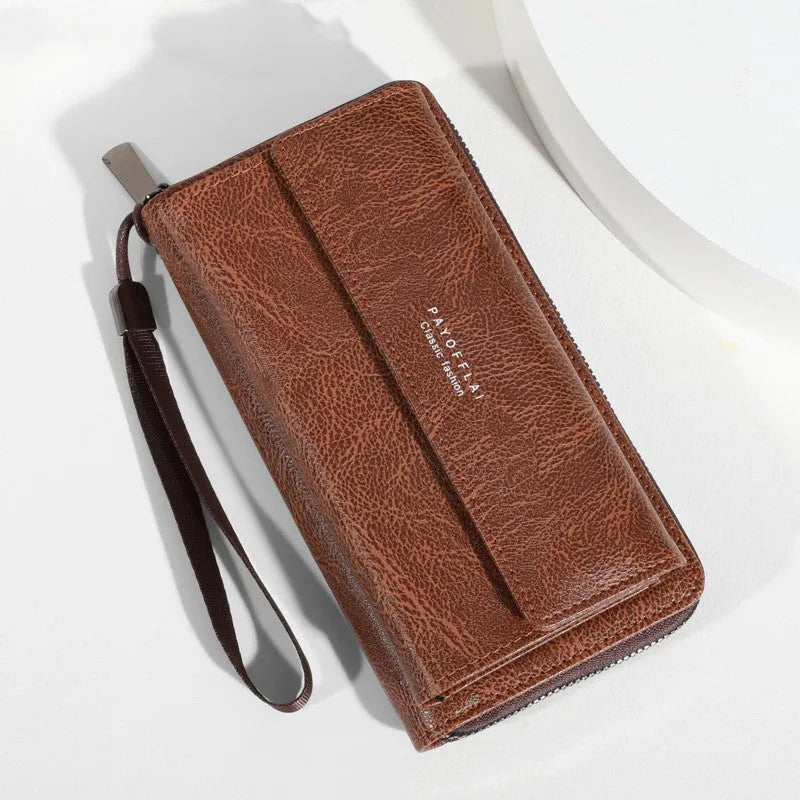 Men's black PU leather bi-fold wallet open to show multiple card slots, alongside brown and coffee colour variants.