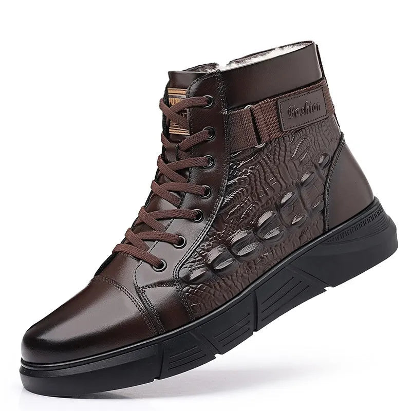 Men's black genuine leather snow boots with fur lining and lace-up front on a rubber sole.