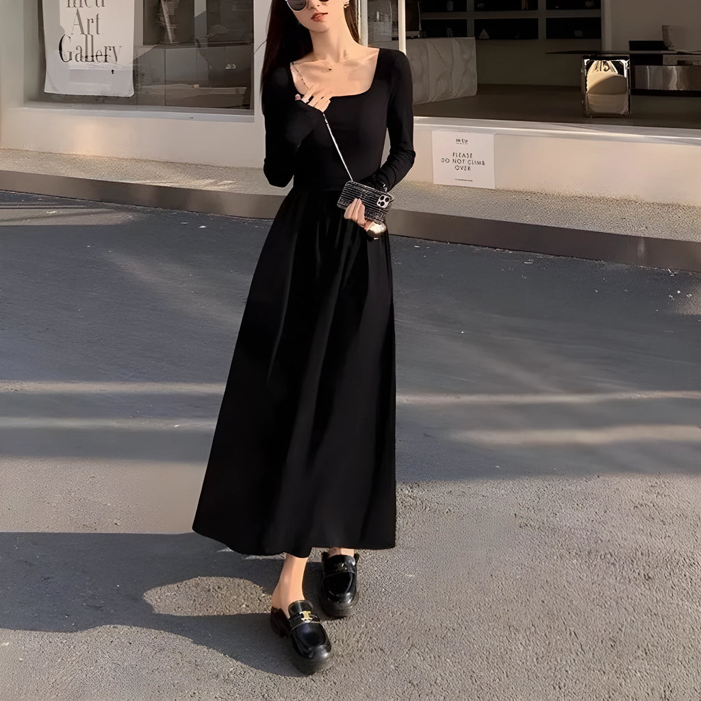 Women's black knitted square collar dress with elastic waist and A-line long skirt