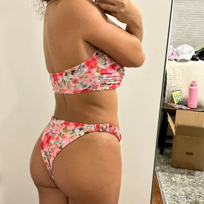 Women's floral print lace detail tube top bikini with matching shorts in blue, yellow, pink, or multi-colour.