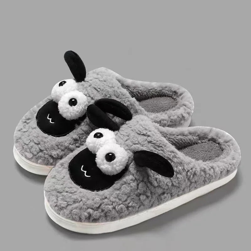Simple lamb design thermal cotton suede slip-on slippers with a sewn PVC sole.