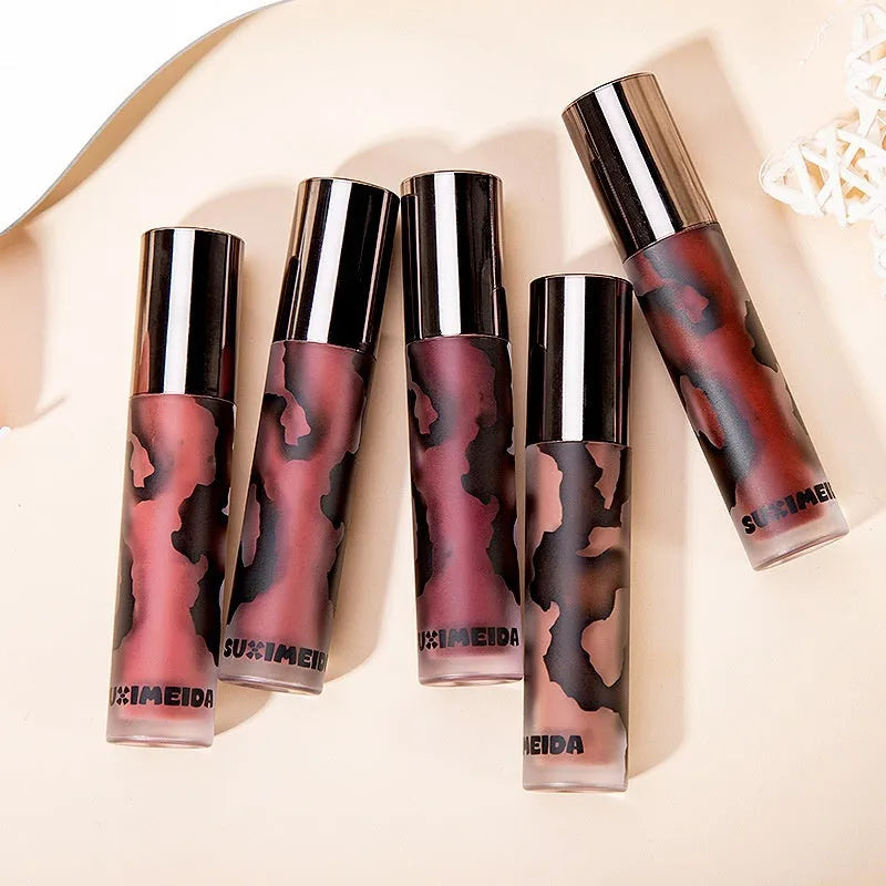 Lava Secret Matte Lip Mud Lipstick in five colours: Orange Brown Coffee, Cool Gray, Cinnamon Coffee, Jujube Red, Smoked Purple.