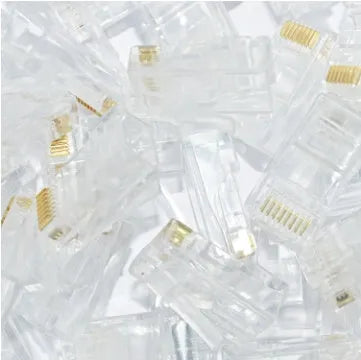 White network modular plug with gold-plated three-fork contacts and unshielded crystal head design