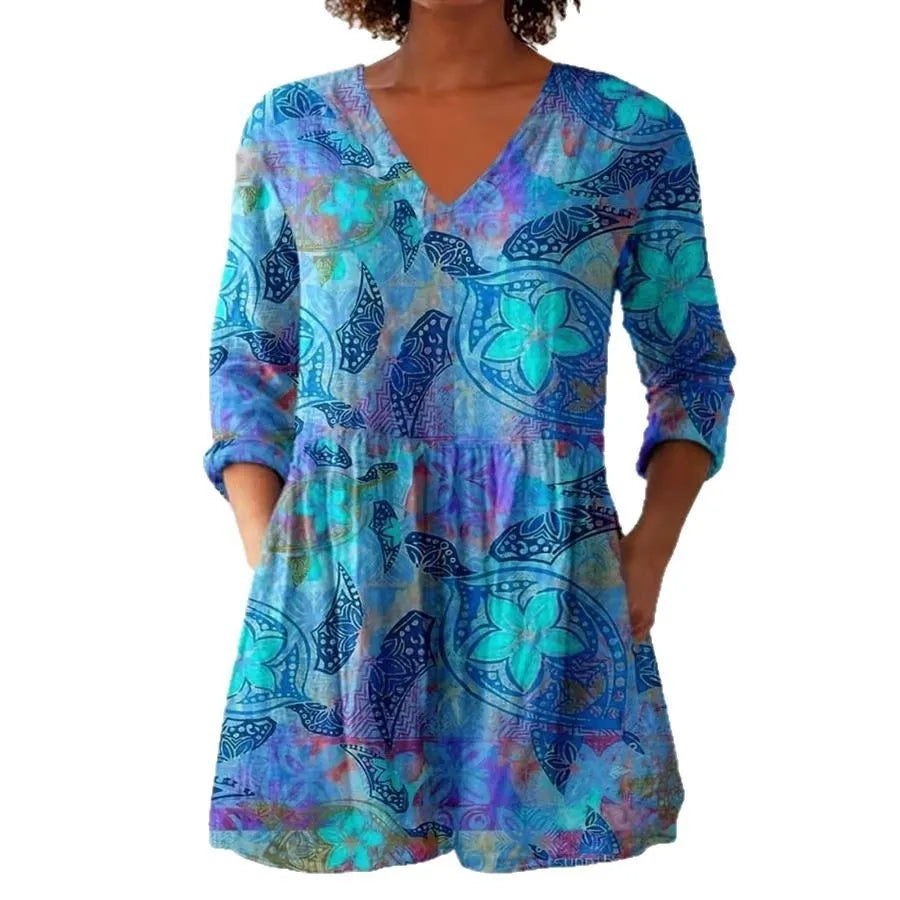Women's slim fit retro style printed long-sleeved polyester top in multiple colour options