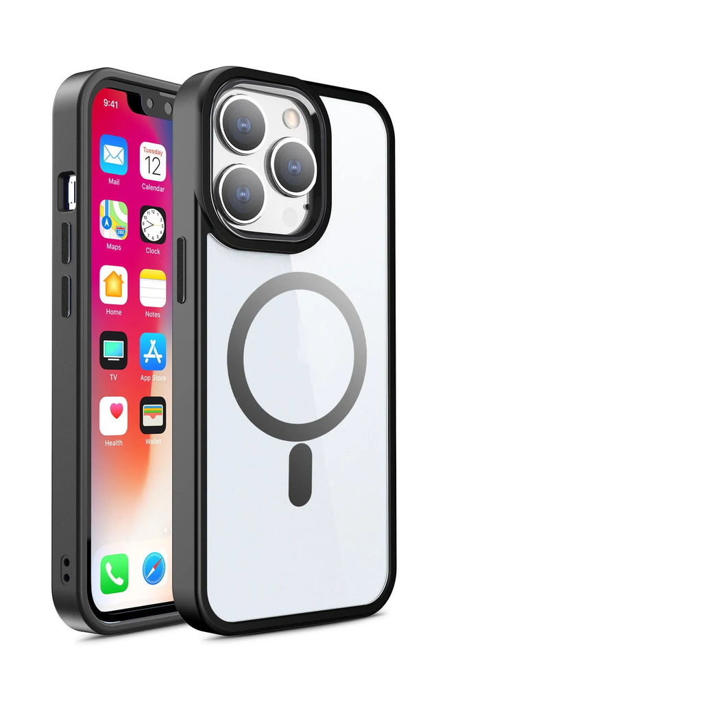 Transparent magnetic iPhone case showing MagSafe compatibility with solid silicone colour options