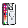 Transparent magnetic iPhone case showing MagSafe compatibility with solid silicone colour options