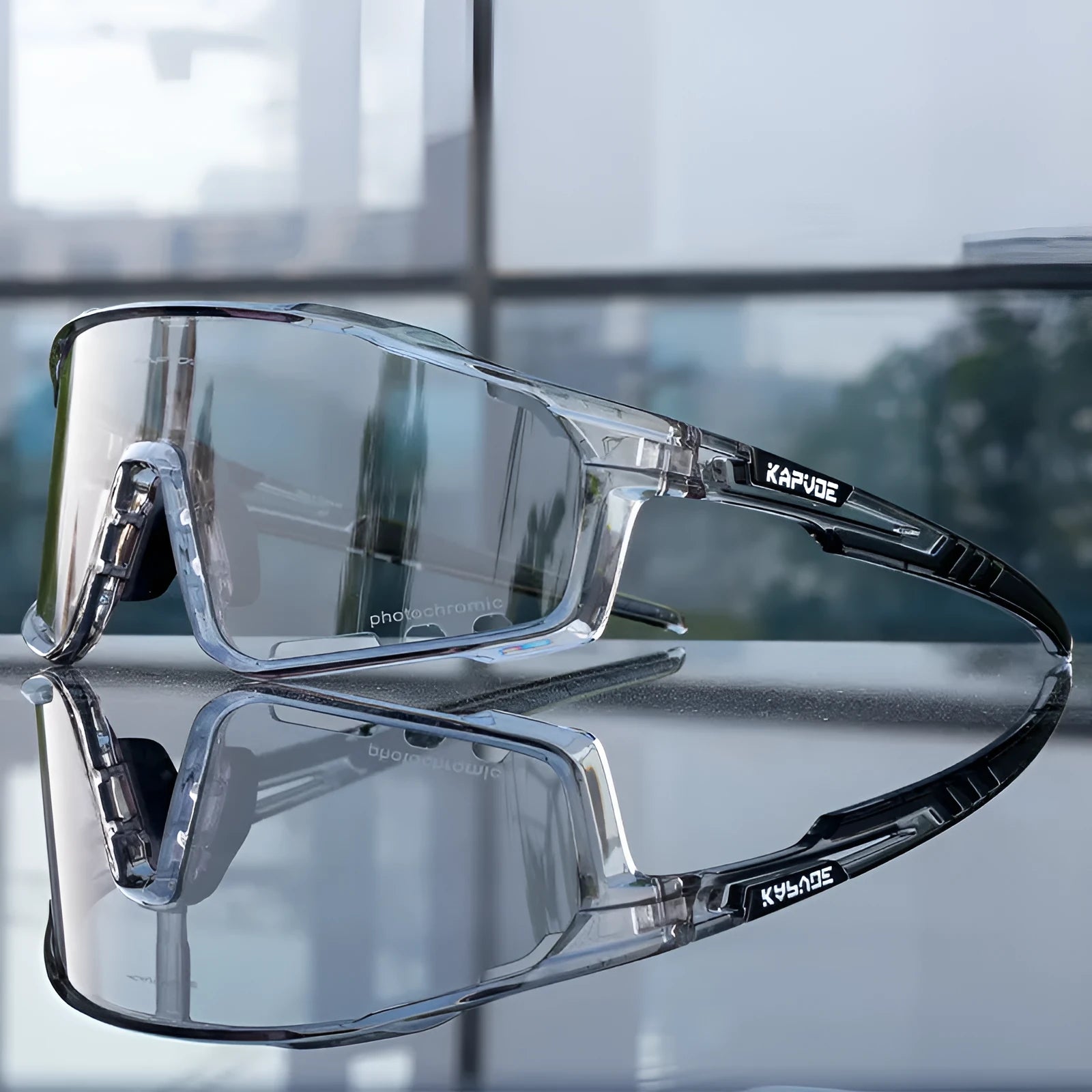 Photochromic cycling sunglasses with a TR90 semi-rimless frame in a unisex style.