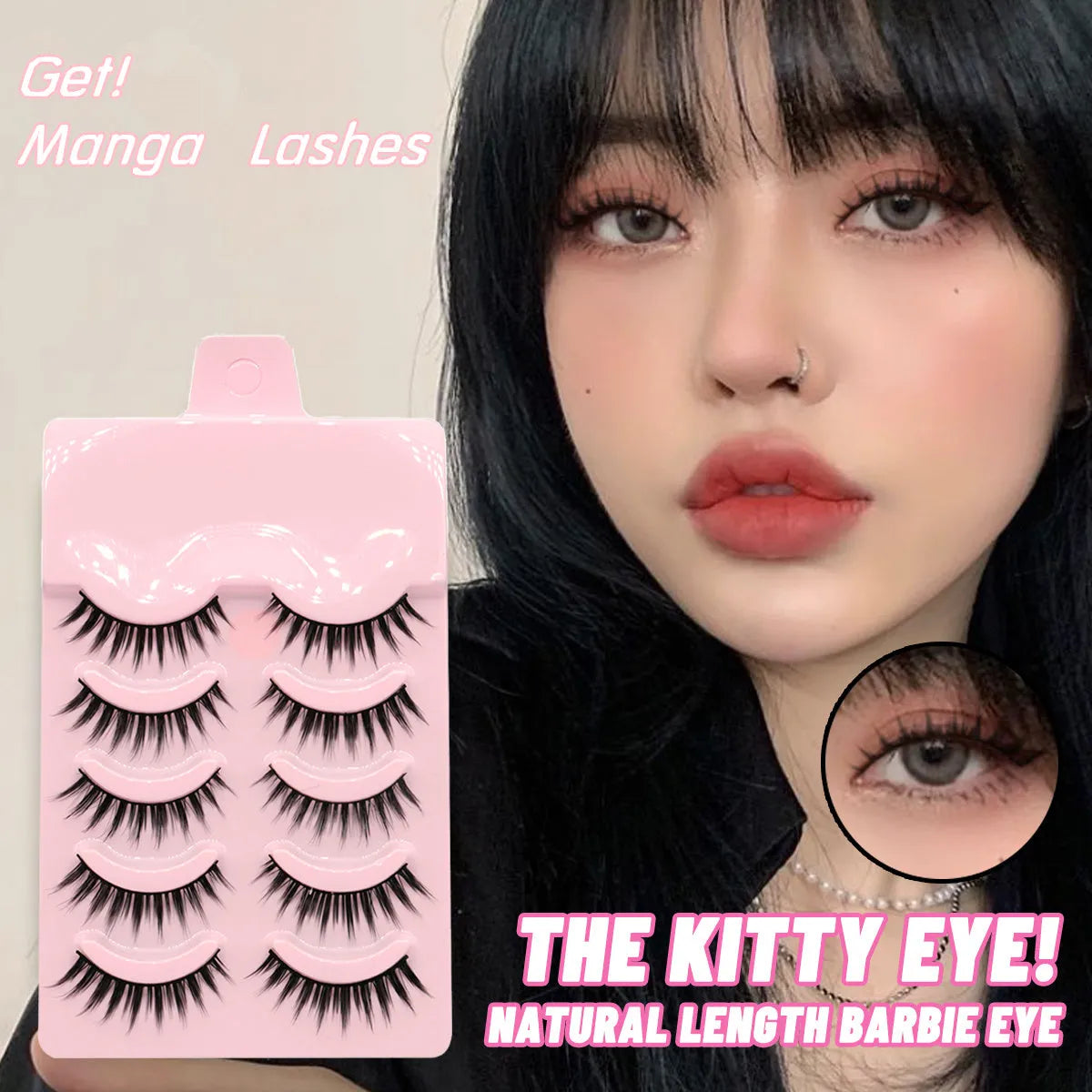 Pack of 5 pairs of black manga-style false eyelashes with natural wispy length on a white background.