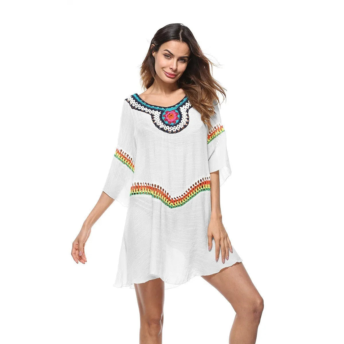 Crocheted ethnic style women's beach clothing in acrylic fabric for sun protection during swimming