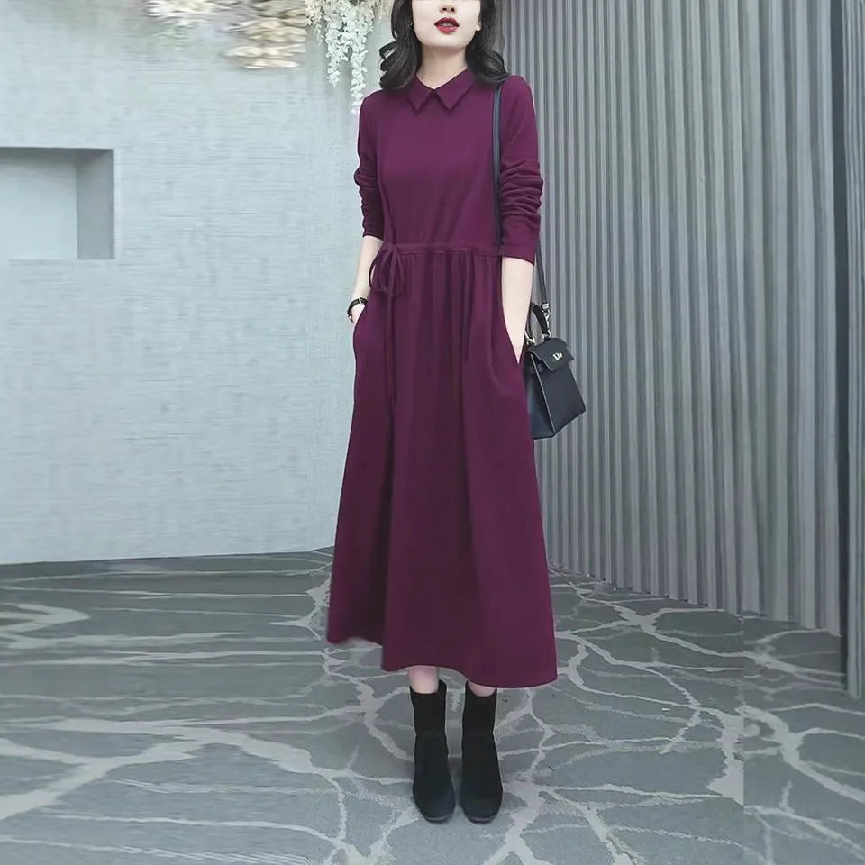 Purplish red women's plus size dress with long sleeves and skirt for autumn and winter commuting wear