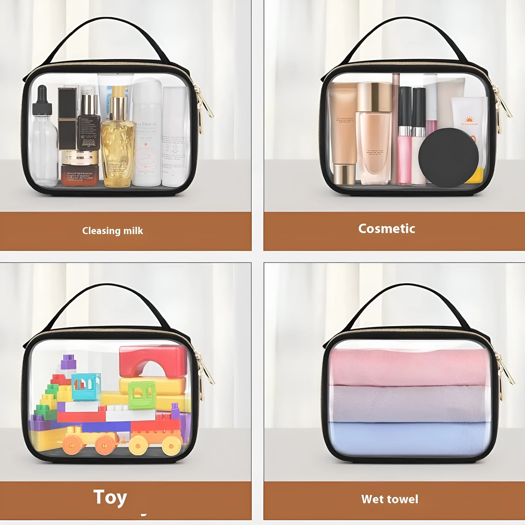 Transparent PVC makeup organiser bag with chain handle in assorted colours on a plain background.