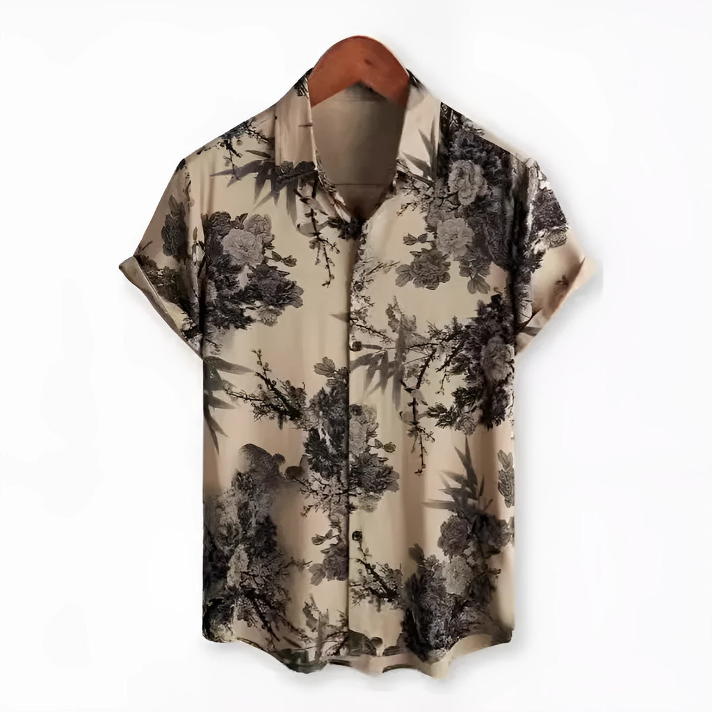 Man's short sleeve Hawaiian floral print shirt with a cardigan lapel, shown in one of 17 available colours.