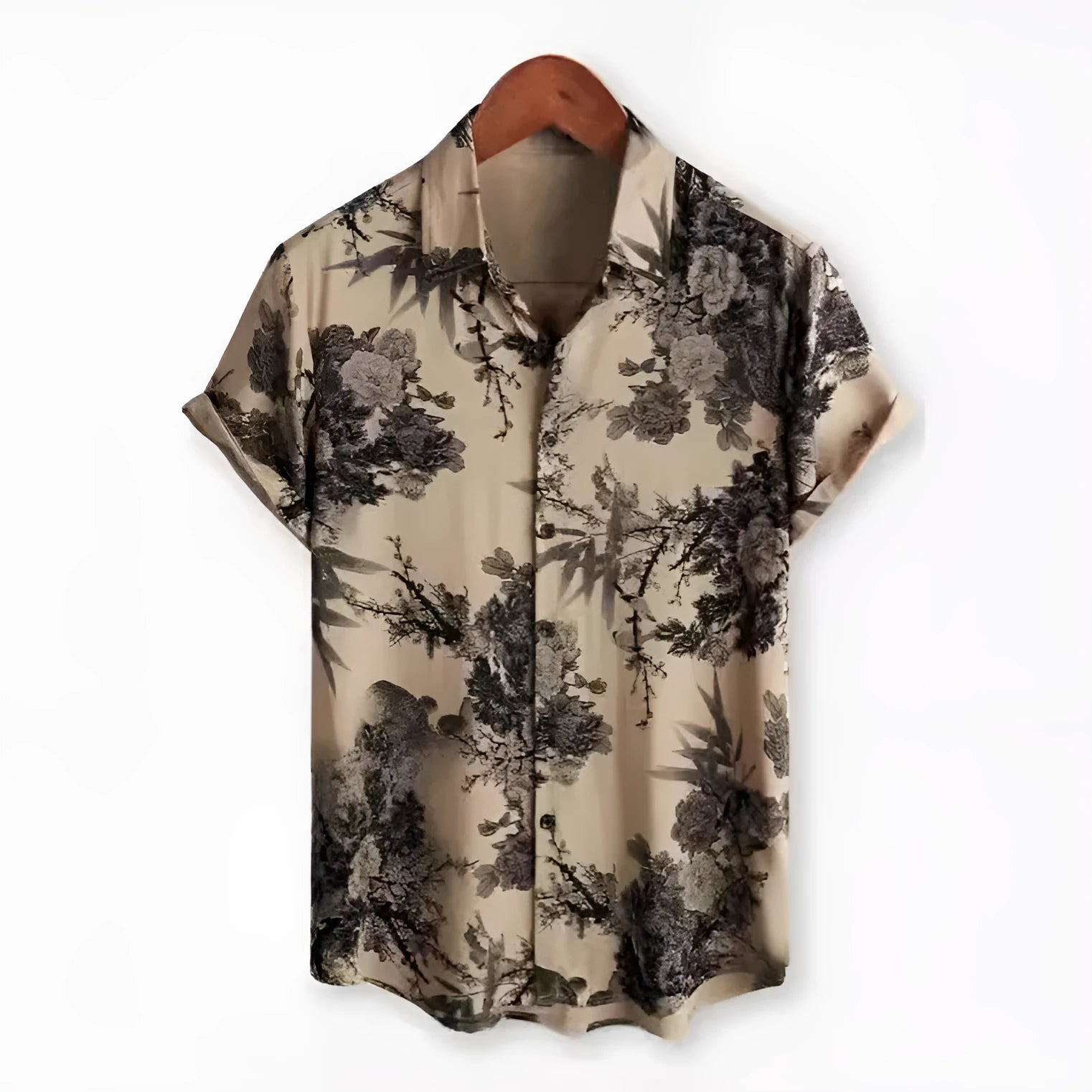 Man's short sleeve Hawaiian floral print shirt with a cardigan lapel, shown in one of 17 available colours.