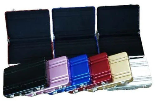 Slim aluminium alloy metal card holder in six colour options: red, blue, black, silver, pink, and gold.