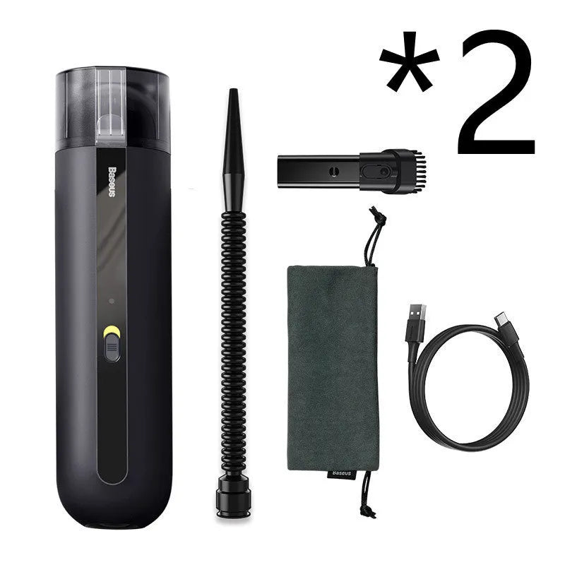 Wireless handheld car vacuum cleaner in black, white, or green with blowing hose attachment.