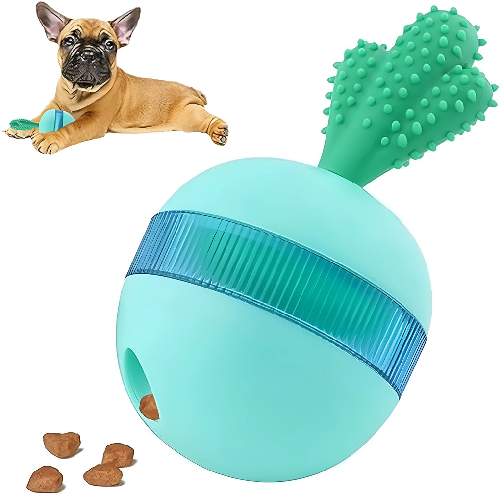 Blue durable rubber dog treat dispensing ball toy with small holes for medium large dogs