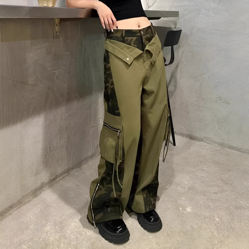 Dark khaki leopard print high waist jeans with tooling style stitching and straight leg cut