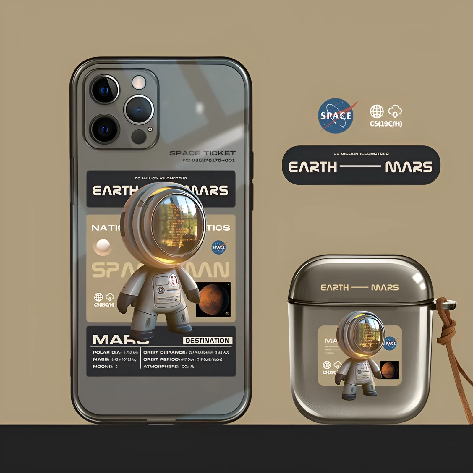 Black TPU iPhone case showing Mars Ticket design on iPhone 13 Pro Max with precise camera and port cutouts