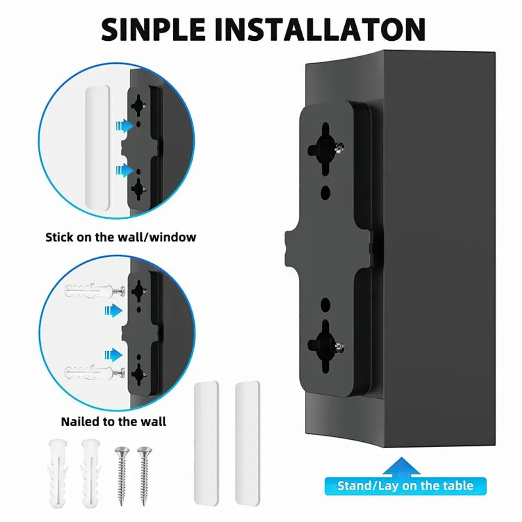 Black plastic digital television antenna with mounting hardware including screws and expansion tubes