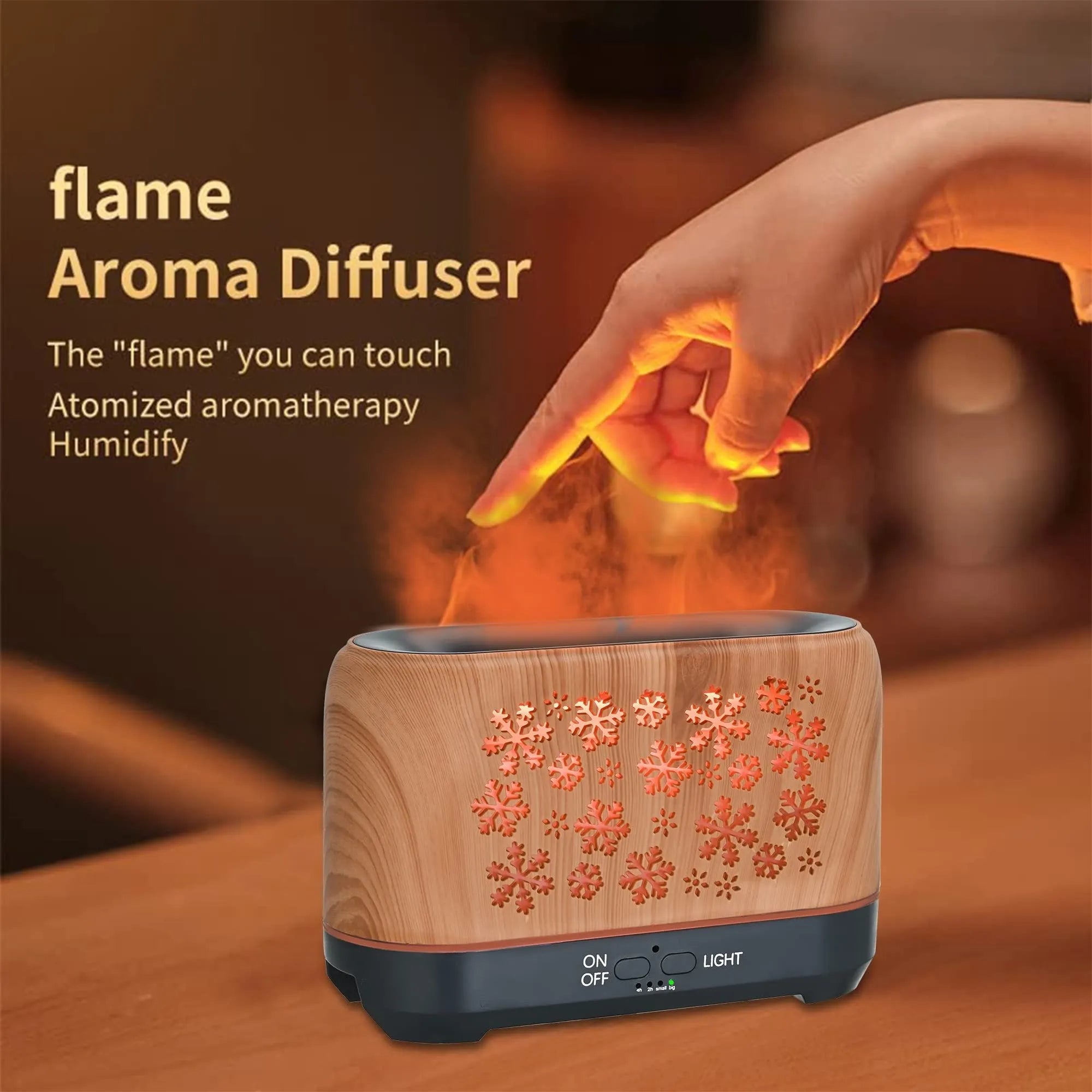 Colourful snowflake pattern wood grain aromatherapy humidifier with flame effect lighting on desktop