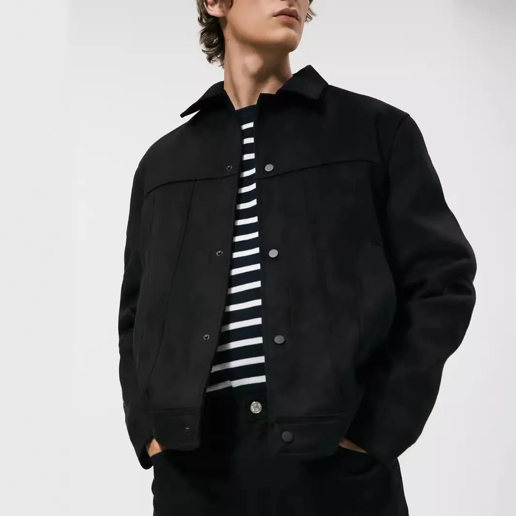 Black men's hooded casual jacket with a textured suede collar and side pockets.