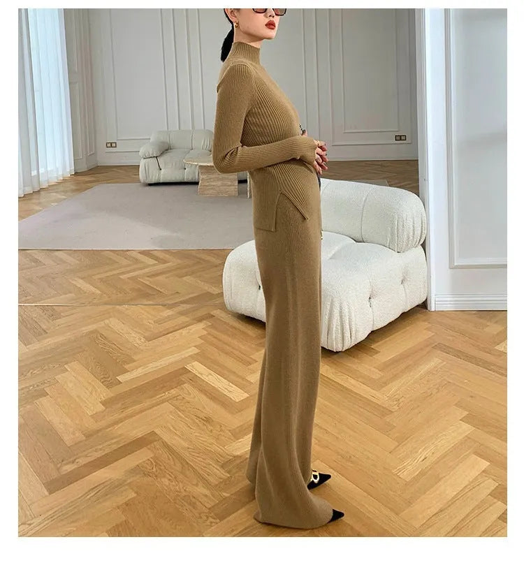 Women's knitted three-piece set showing top, cardigan, and wide-leg pants with leather stitching details