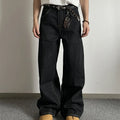 Black retro loose-fit straight-leg jeans with mid-waist and zip fly on hanger