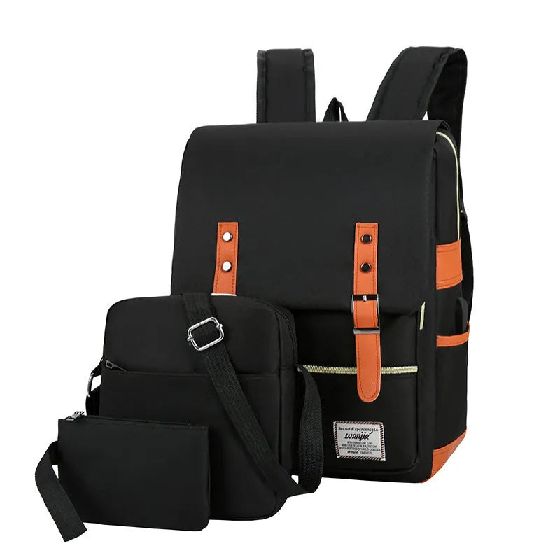 Three-piece Oxford cloth business backpack in black with curved shoulder straps