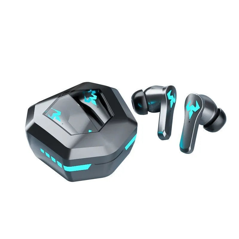 Black wireless in-ear sports headset with noise-cancelling feature and Bluetooth 5.0 connectivity