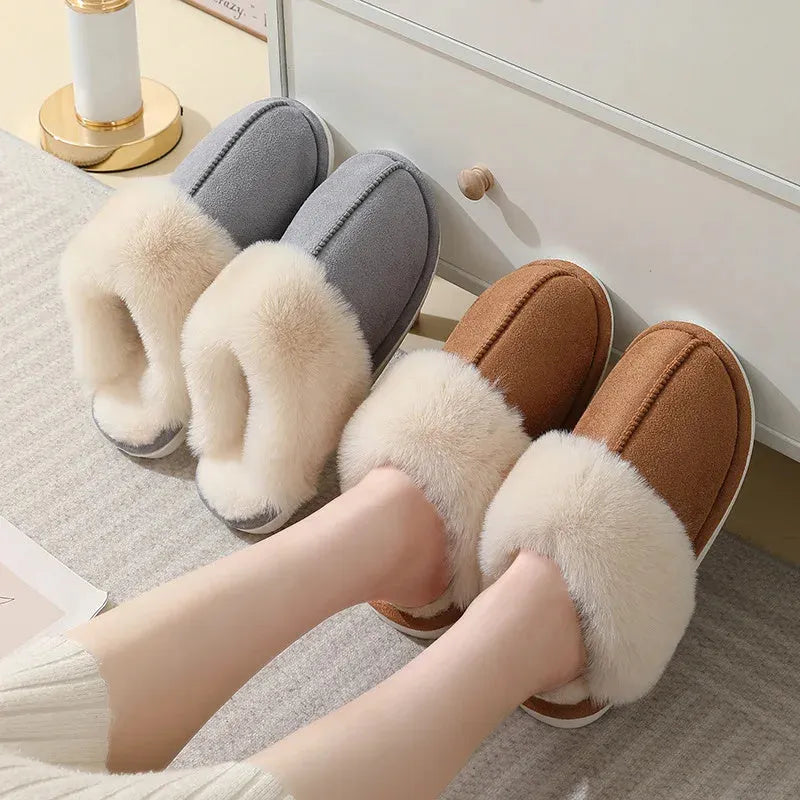 Women's brown plush indoor slippers with round toe, flat heel, and non-slip sole.