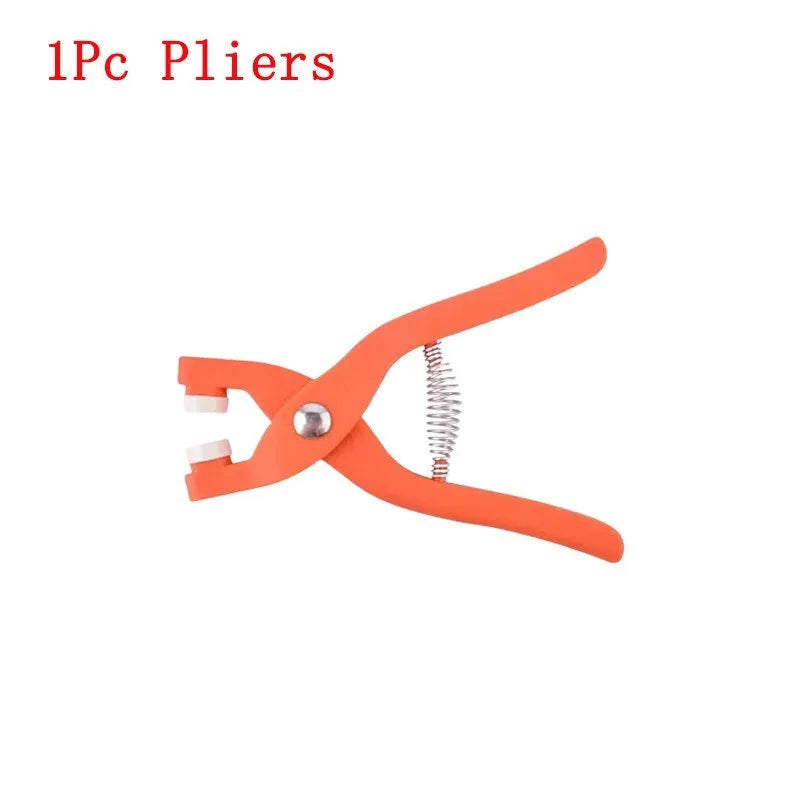 Stainless steel five claw no-sew suit buttons and application pliers for children's clothing.
