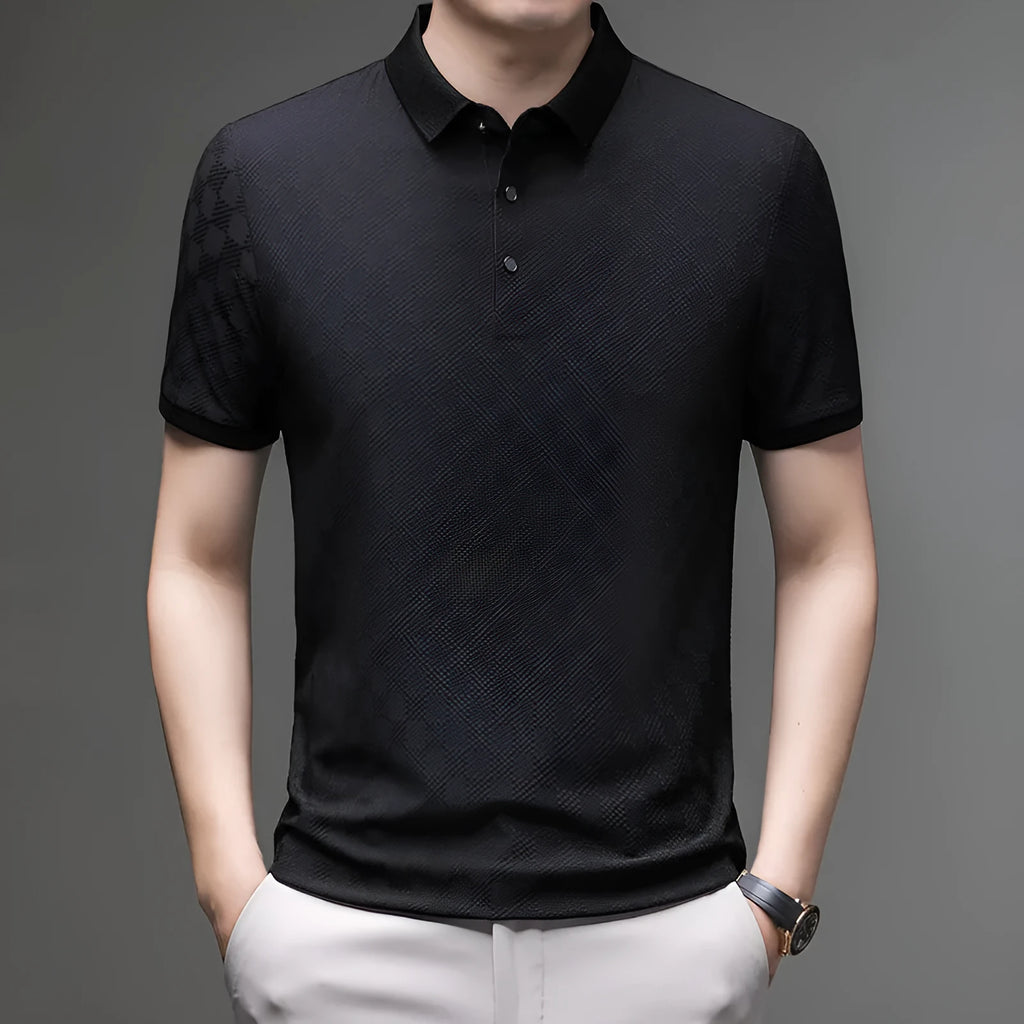 Rhombus brand thin ice silk short sleeve T-shirt showing slit hem detail, in black colour.