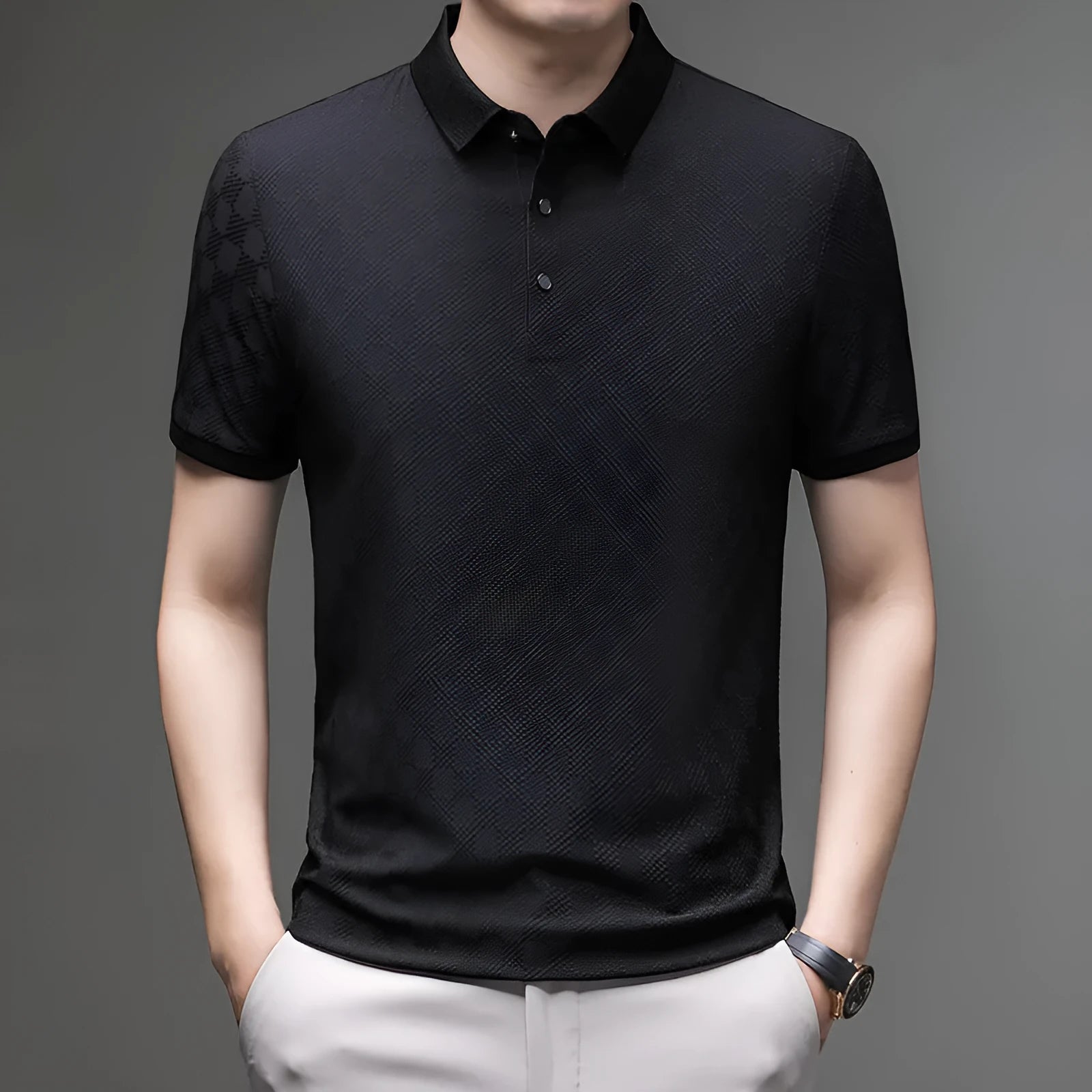 Rhombus brand thin ice silk short sleeve T-shirt showing slit hem detail, in black colour.