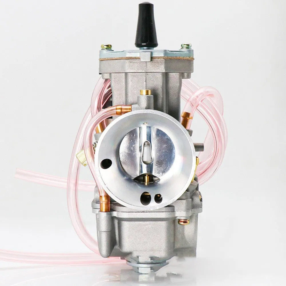 PWK sandblasting motorcycle carburetor for performance modification, shown in multiple bore sizes.