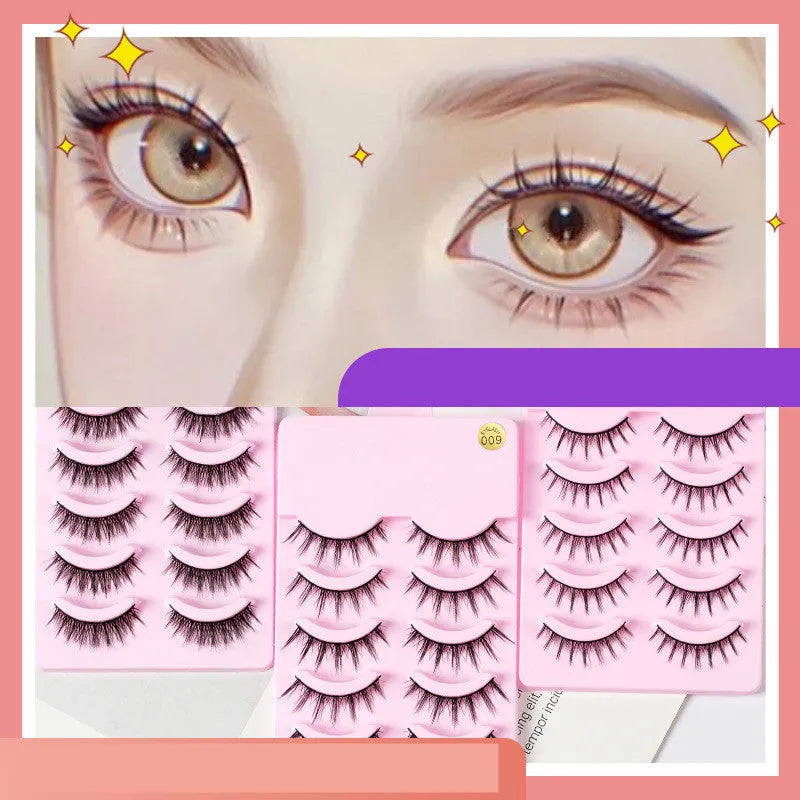 Pack of 5 pairs of black manga-style false eyelashes with natural wispy length on a white background.