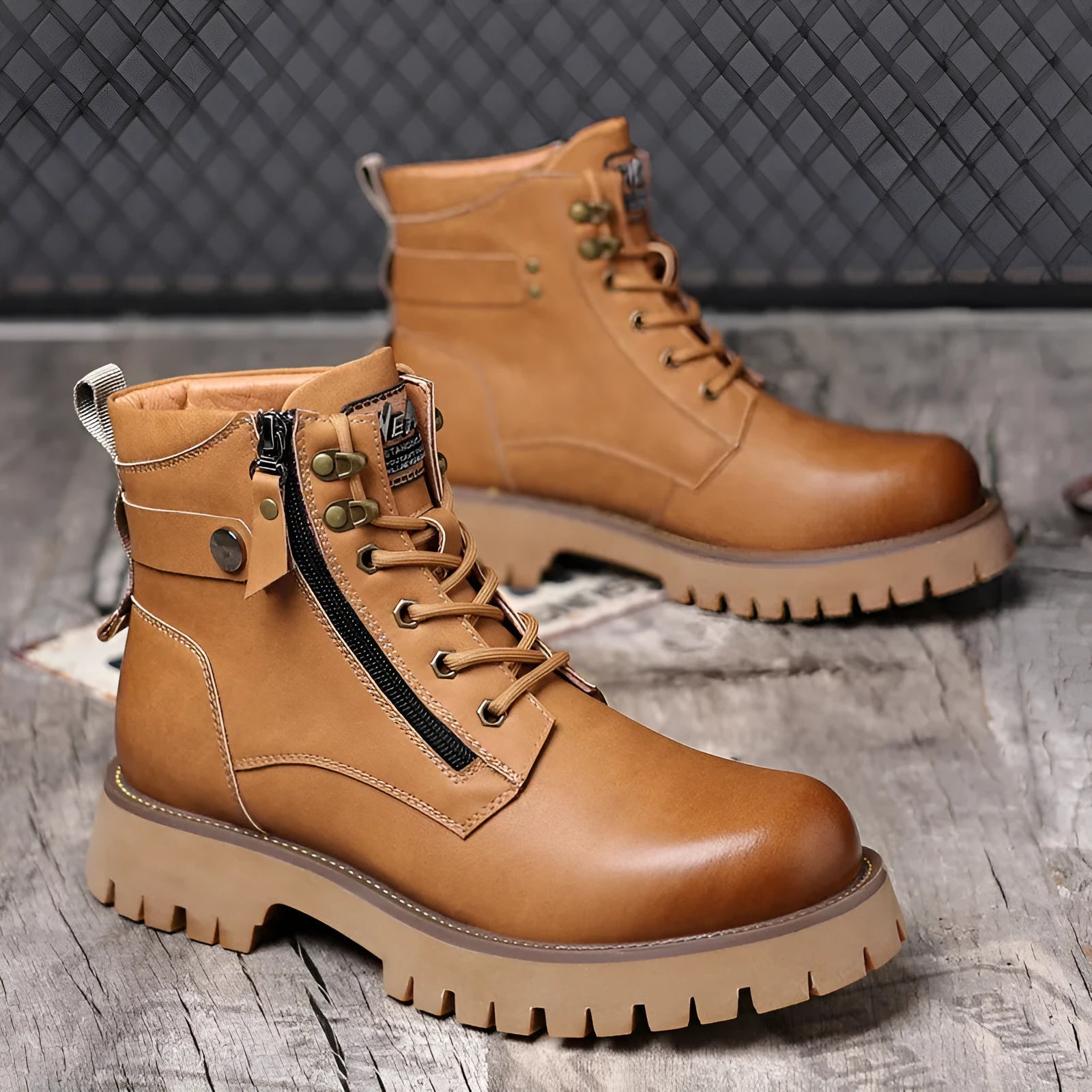 Men's brown leather high-top boots with side zipper and round toe