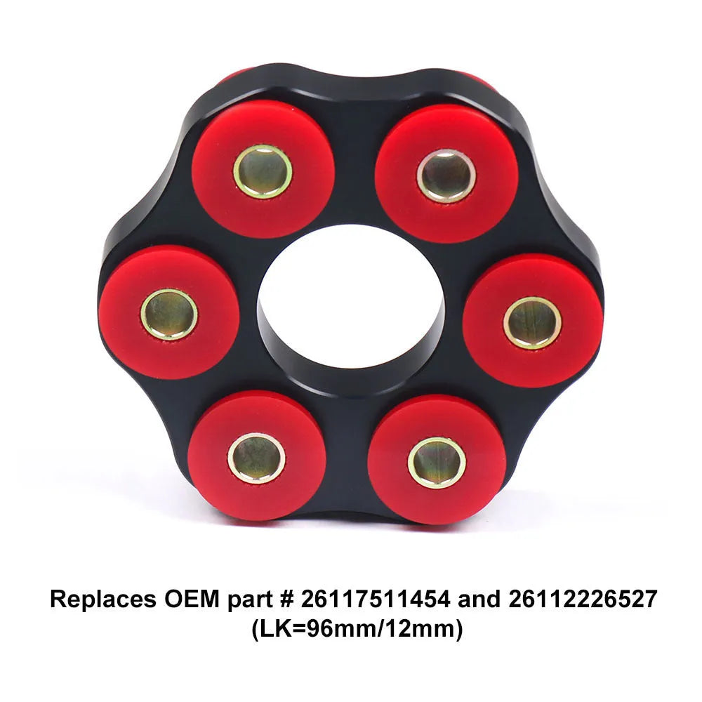 Red polyurethane and aluminium drive shaft centre support bracket for BMW E46, E36, E30, and E28 models.