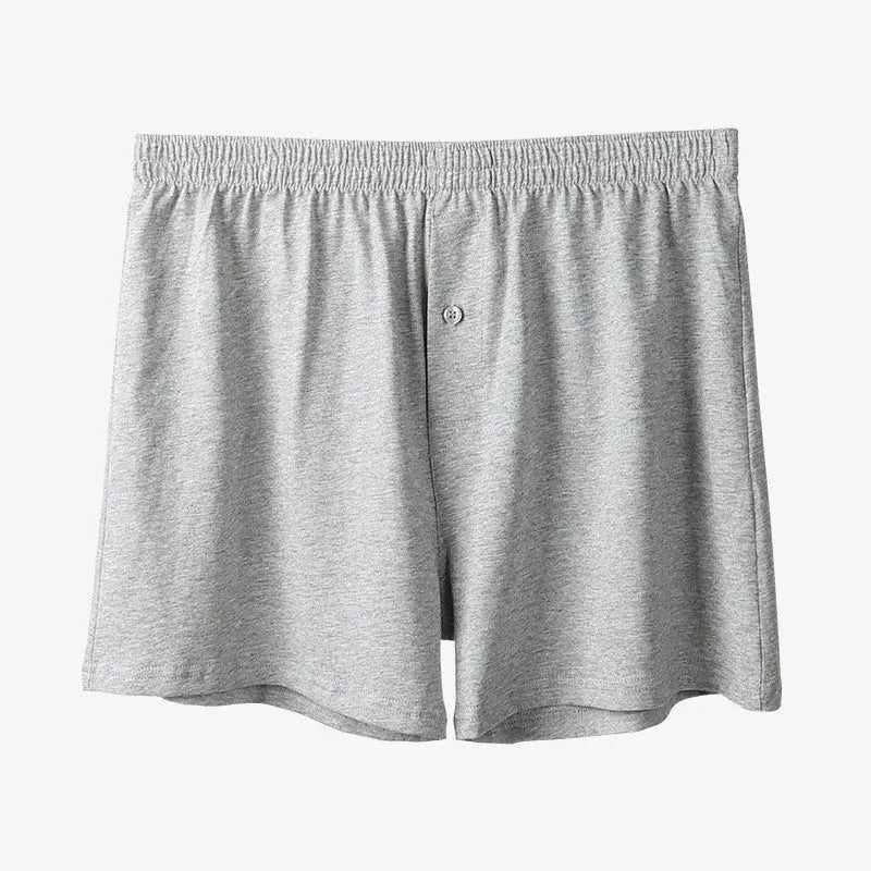 Men's high waist cotton boxer shorts in light grey, dark blue, and black colours.