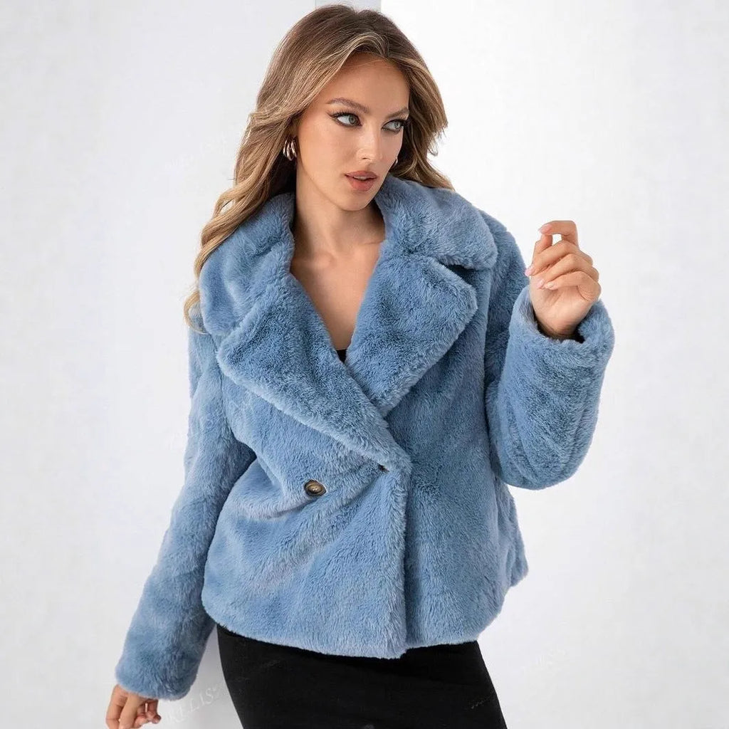 Rose red women's short faux fur coat with a loose fit and regular sleeves on a hanger.