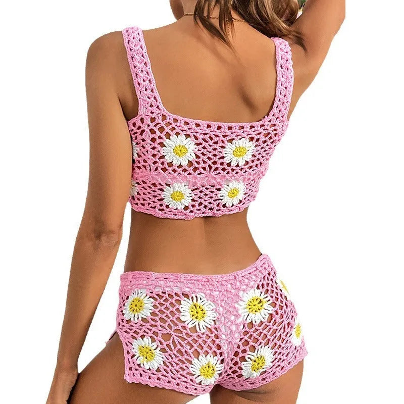 Light green and pink floral pattern swimsuit bikini set with hollow yarn acrylic fabric