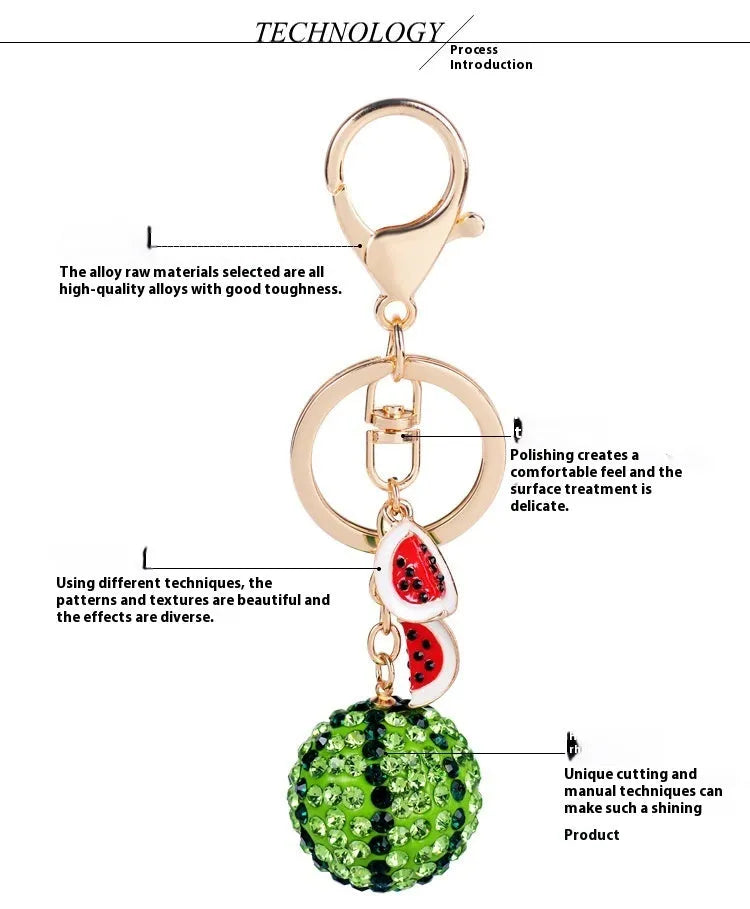 Green watermelon-shaped zinc alloy keychain measuring 12 cm in length