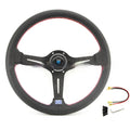 14-inch silver black leather steering wheel with concave centre grip and skeleton frame visible