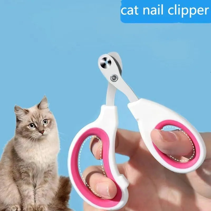 Blue cat nail clippers with a circular guard hole and cushioned non-slip handles on a white background.