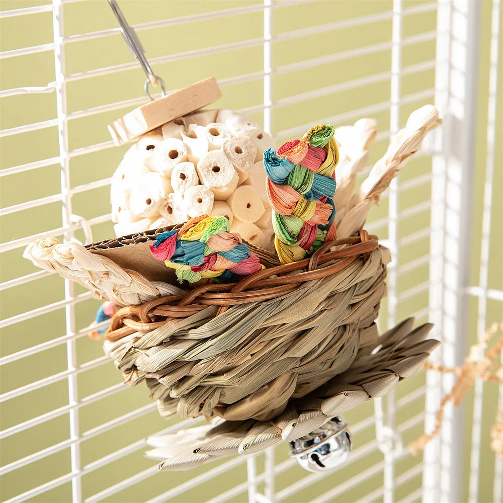 Parrot gnawing molar toy with three types of wooden blocks for chewing enrichment and beak maintenance