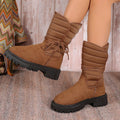 Women's chunky heel mid-tube snow boots in black with lace-up design and rubber sole